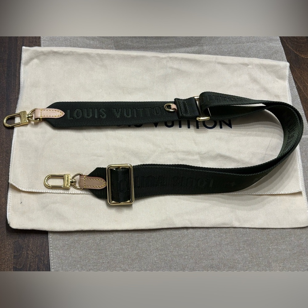 Louis Vuitton Dark Green Embroidered Logo Shoulder Strap with Gold Hardware